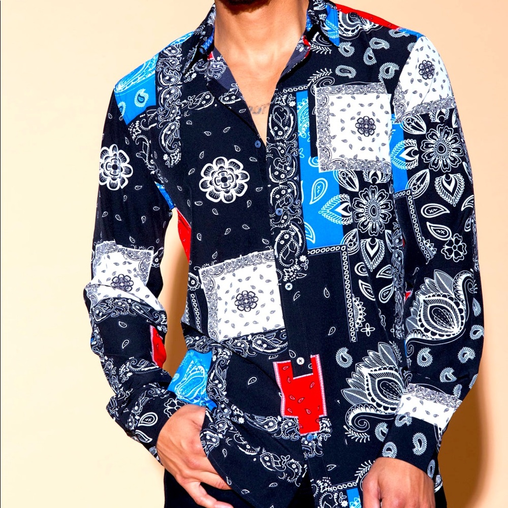New!!!! Mens stylish bandana patchwork long sleeve, button frnt woven shirt; szM
